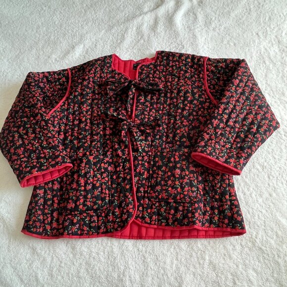 ASOS Design Quilted Floral Fall Jacket Tie Closure Black Red Boxy Oversized O/S - Picture 1 of 5